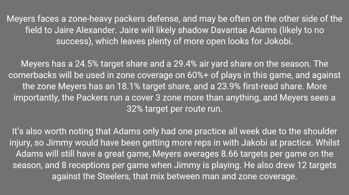 Hugo_Bets's tweet photo. 🏈WEEK 5 NFL MNF RAIDERS VS PACKERS BEST BETs🏈
2U - JAKOBI MEYERS O4.5 Receptions (+ on Bet365)
2U - JOSH JACOBS O73.5 Rushing Yards

Write ups below ✍️

#NFL #PlayerPropBets #PlayerProp #NFLPicks #NFLDFS #NFLBets #NFLPlayerProp https://t.co/RHw5S2KuKB