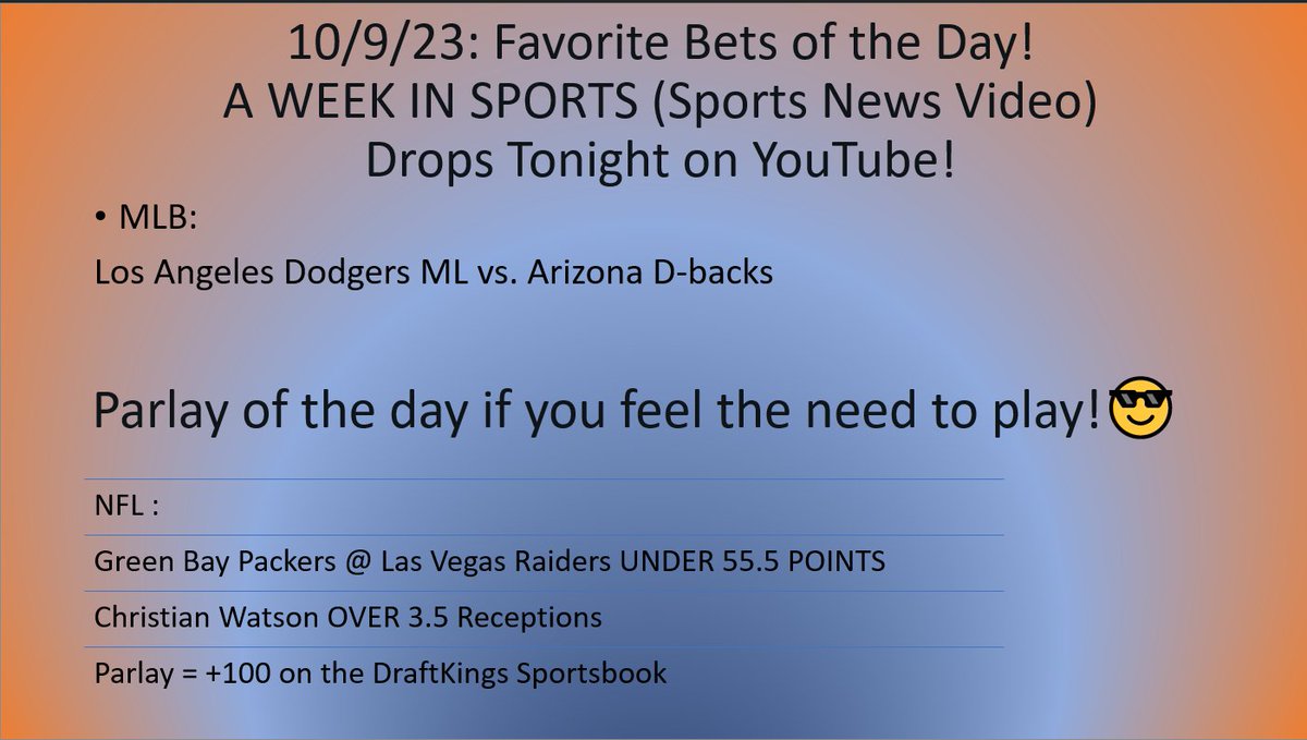 ZTFULLYLOADED's tweet photo. NFL AND PLAYOFF BASEBALL ACTION TONIGHT!

CHECK OUR FAVORITE BET OF THE DAY AND OUR PARLAY OF THE DAY, IF YOU FEEL THE NEED TO PLAY!🤑

Running Records for each:😎

Favorite Bet of the Day:
32-17-2

Parlay of the Day:
23-28 https://t.co/mMGlUzUw6e
