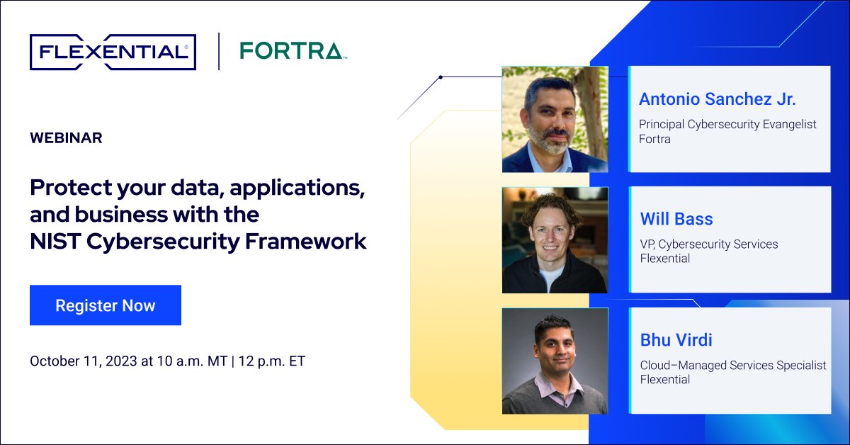 flexential's tweet image. Up next! Elevate your cybersecurity game with NIST CSF 2.0! Don't miss this webinar this Wednesday, 10/11 from Flexential and Fortra's Alert Logic.

Discover the latest. Register today: bit.ly/3rtGZgi

#Cybersecurity #NISTCSF #Webinar
