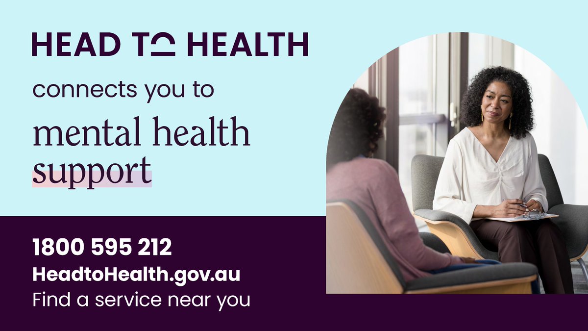 healthgovau's tweet photo. Today is #WorldMentalHealthDay, a day that helps raise awareness of mental health issues. #HeadtoHealth is here to help & support you!
You don’t need a referral or appointment to access Head to Health services – call 📞 1800 595 212 or visit 💻 https://t.co/zJVodUTz2A https://t.co/m51UTcLLHX