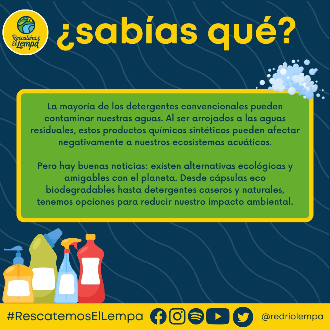 ¿Sabías que la mayoría de los detergentes convencionales pueden contaminar nuestras aguas? 💦🌏 ¡Cuidar de nuestras aguas es esencial! 💦🌏 
#redriolempa #ecologia #Trinacional #cuidemoselagua
