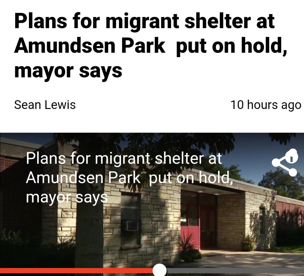 Williamjkelly's tweet photo. THE PEOPLE HAVE SPOKEN! Galewood residents have - for now - defeated Chicago Mayor Brandon Johnson's plan to convert the Amundsen Park field house into a migrant shelter. Park staff were asked to turn over their keys as migrants planned to arrive as early as Tuesday. But that was put on hold after residents threatened to chain themselves to the park's front door! Ha! #thatreporter

The field house is home to a football program, senior care and after school activities.