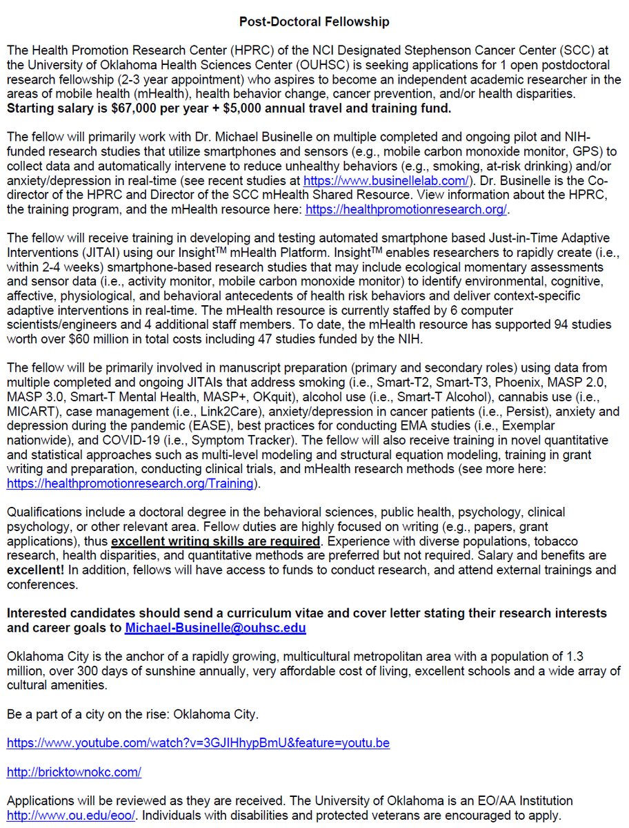 I am hiring: Postdoc: $67,000 salary. Training in smartphone-based assessment & Just-in-Time Interventions. Details below. Email me CV & cover letter. Please RT/share. @SBMDigitalHlth @DukeMobileApps @srntorg @BehavioralMed @CPDDorg @ABCTtechsig @AACR @thepostdoctoral @PsychJobs