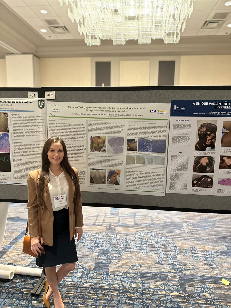 LaceyFalgout's tweet photo. I took a break from wards and spent my golden weekend presenting two posters at #ASDP in Chicago! Beyond sharing research, I enjoyed connecting with mentors and meeting fellow residents who share a passion for dermatology and dermatopathology. Excited for future opportunities! 🔬 https://t.co/6DmBvYPLy6