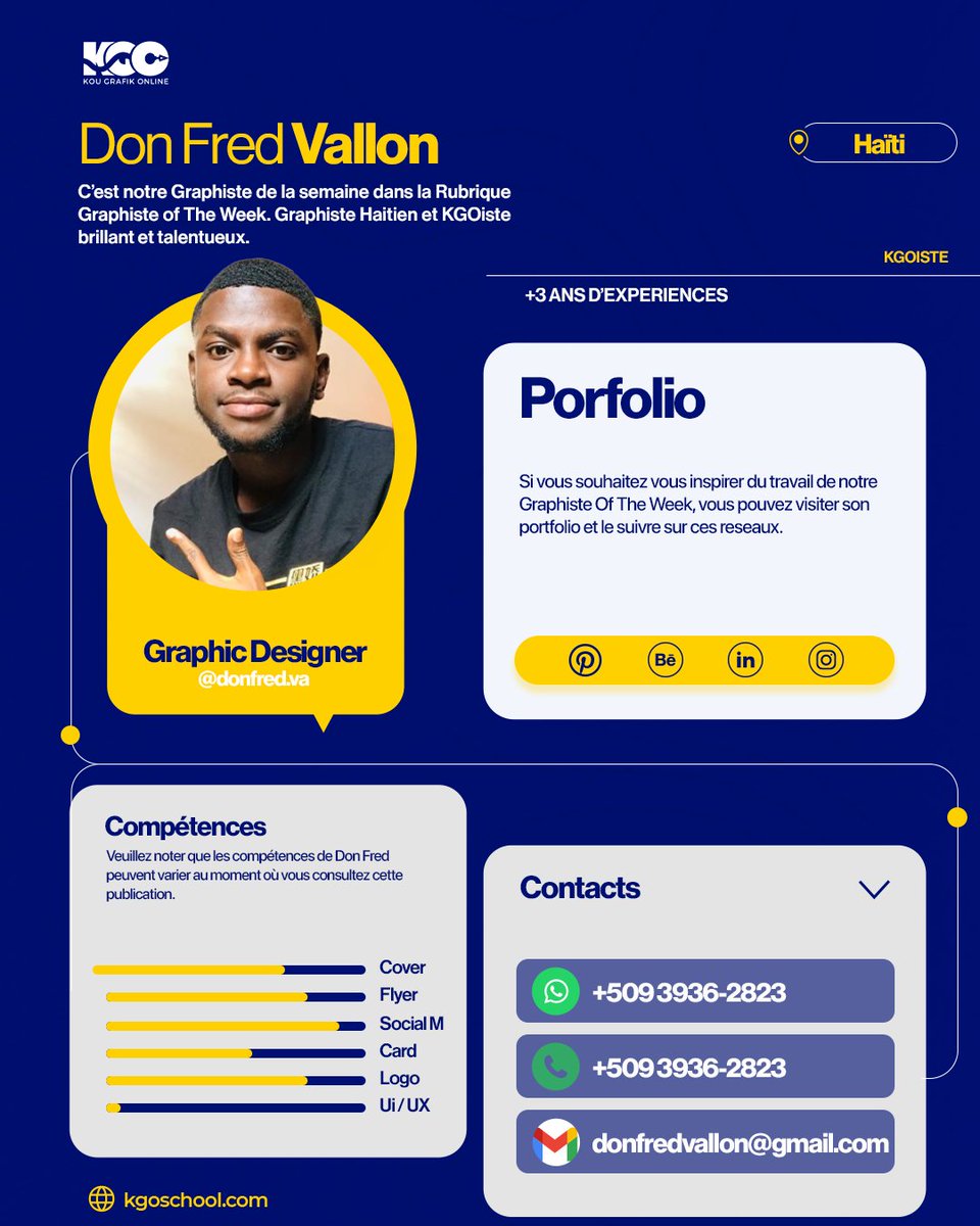 KgoSchool's tweet photo. Don Fred Vallon(https://t.co/lXmObLd2J7)
Se GOTW- Graphiste Of The Week” 11 Oct pou rive 15 Oct!

Li se yon Designer Ayisyen e kreyatif, ak anpil potansyèl ke KGO School te gen chans fome ak akonpanye.

KGO School, toujou prè pou enspire kreyatif yo!
https://t.co/9psp3Btw4s https://t.co/Sy5QMrZokp