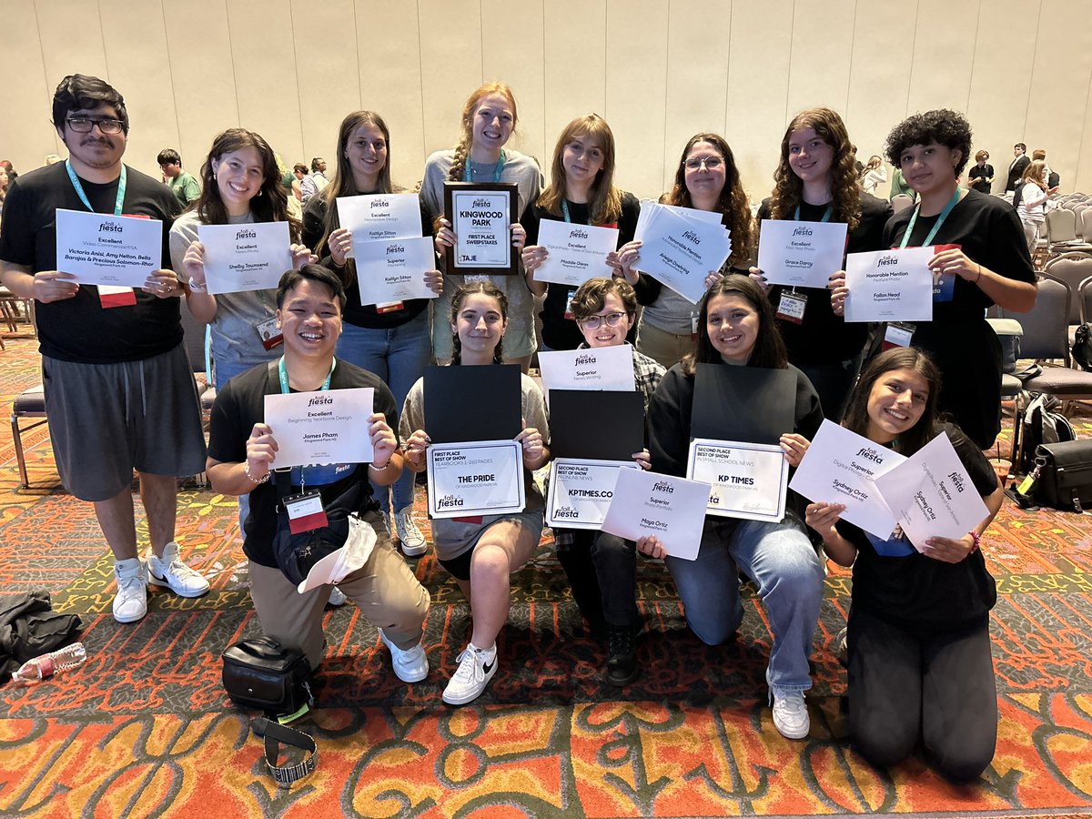 All smiles with this crew. They spent 3 days in San Antonio at the <a href="/TxAJE/">TAJE</a> state journalism conference. For the second year in a row, <a href="/HumbleISD_KPHS/">Kingwood Park HS</a> won the Sweepstakes Award — given to the school with the most points earned from all the awards. 1/5