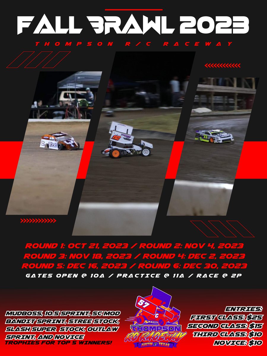 Dj_ULaLsSC5's tweet image. Fall Brawl 2023 at Thompson R/C Raceway starts Saturday, October 21st!! #rcracing #dfw #funstufftodo #clubracing #winners #supportyourlocal #racetrack #racing #ovalracing #dirtoval #dirtracing #dirtovalracing #thompsonrcraceway #dfw #texas #justintx #fallbrawl2023 #seriesrace