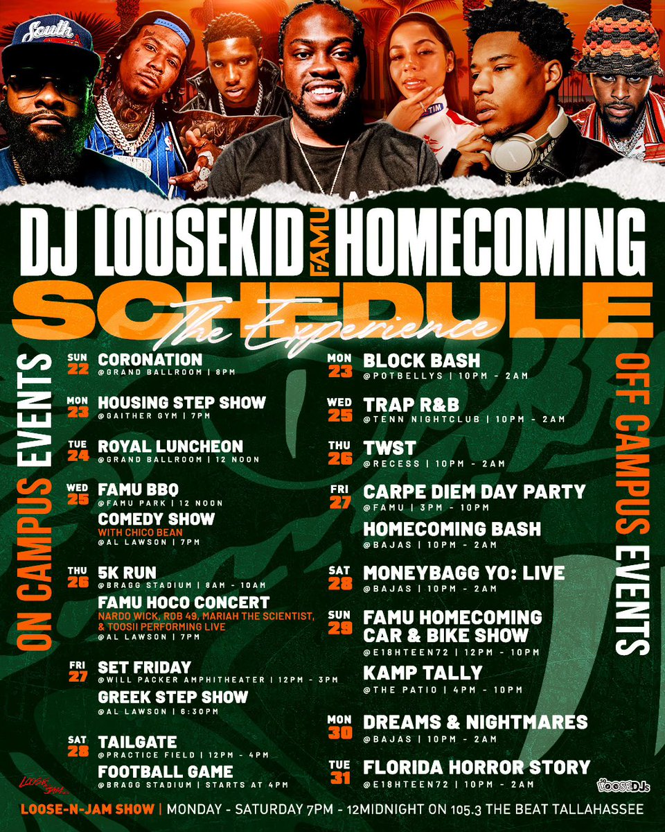 Djloosekid's tweet photo. Let’s Strike 🐍🐍🐍💥 
The Official LooseNJamShow Florida A&amp;M University Homecoming Line Up Schedule.
#LooseNJamShow #RockOutLoose #FAMUHomecoming2k23 #SoLooseDjs #Ayyyeee https://t.co/Mwo12tGGfr
