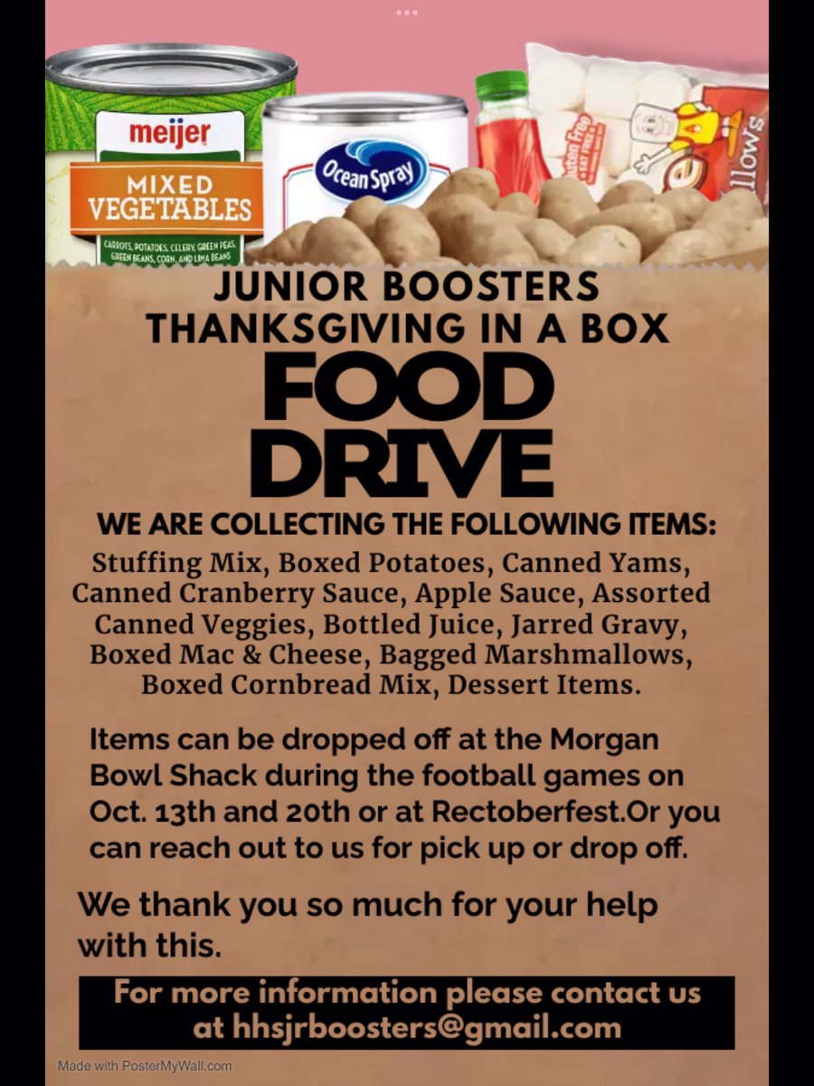 Happy Monday! Junior Boosters is working on creating Thanksgiving food boxes for our community. They are collecting items to go in the boxes, and we will be purchasing gift cards for turkeys to add to the boxes. We thank you so much for your help.