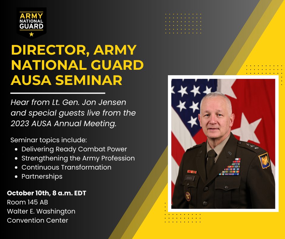 ARNGDirector's tweet photo. Attending #AUSA23 in person this week? If so, be sure to come by room 145 tomorrow morning at 8 a.m. to hear about building Generational Readiness in the Army National Guard and our role in supporting the #TotalArmy. https://t.co/AliHHFGLDh