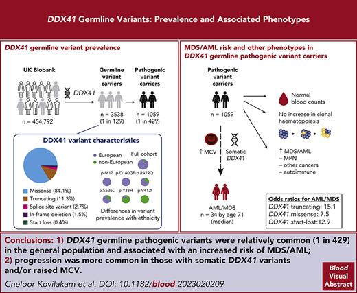 DDX41 mutations ⬇️⬇️
🔹Germline pathogenic variants =  relatively common (1/429)
🔹 Increased risk of MDS/AML
🔹Progression more common in somatic DDX41 variants
🔸Responsive to #venetoclax as previously published
#leusm #leukemia #OncoAlert @BloodJournal

doi.org/10.1182/blood.…