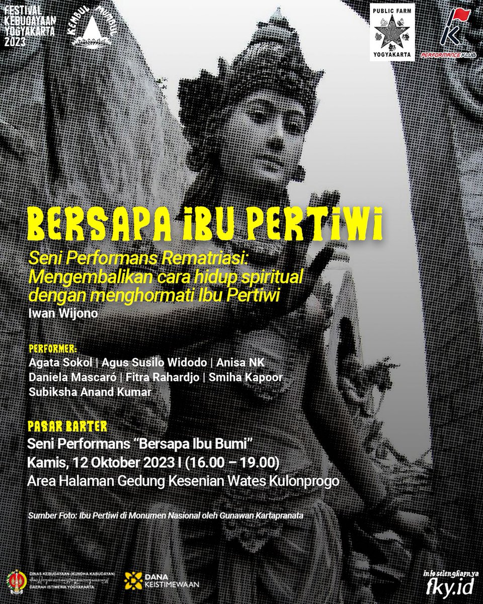 Tak kasih info, Lur! 
Besok Kamis (12/10) akan ada penampilan seni performans rematriasi: Bersapa Ibu Pertiwi. 

Jangan sampe terlewat ya, Lur!!!
Lokasinya ada di Gedung Kesenian Wates, KP. 

Bakal seru banget sih, Lur 🤩

Pantau  live streaming IG @infofky