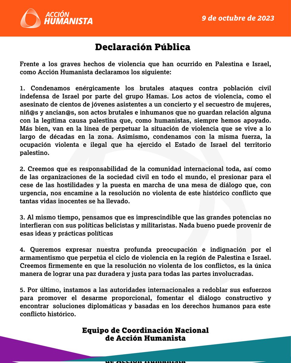 Desde Acción Humanista, condenamos la violencia que ha afectado a Palestina e Israel. Compartimos nuestra declaración por la paz.

#AccionHumanista