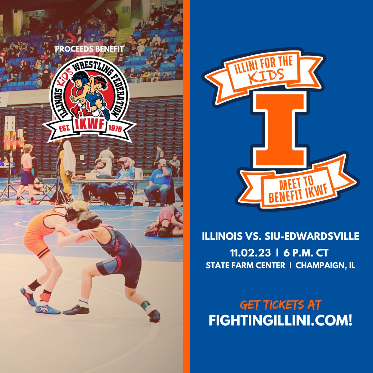 ILUSAW's tweet image. Fighting Illini Wrestling is set to host the "Illini for the Kids" Meet on Nov. 2 when Illinois opens the 2023-24 season against SIU-Edwardsville at State Farm Center. Proceeds benefit IKWF. @IlliniAthletics @IlliniWrestling 

GET TICKETS &amp;gt; fightingillini.evenue.net/cgi-bin/ncomme…