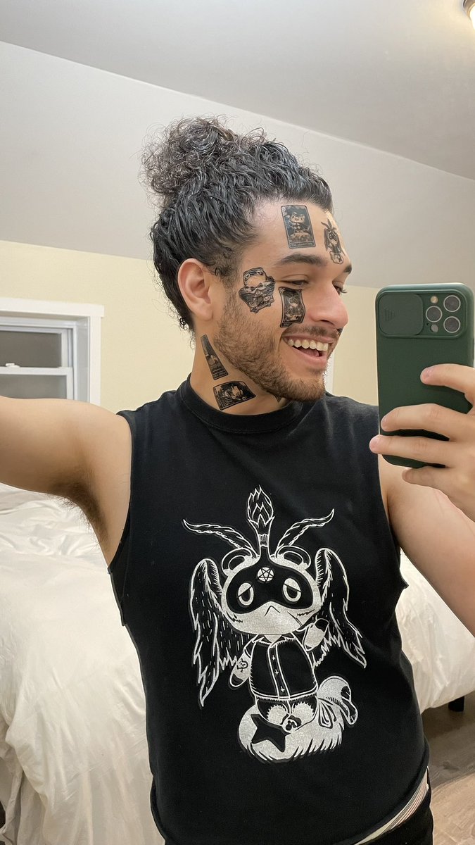 MrMisprints's tweet photo. I had these banked for the day I came out with A.C. Tarot temporary tattoos, but sadly it doesn’t seem like those will ever be a thing. So instead, here’s some cringy photos of me with shit on my face 😂

#AnimalCrossing #ACNHDesigns #tattoo #SmallBusiness #gaymer #gay #tarot https://t.co/983wpDBBRO