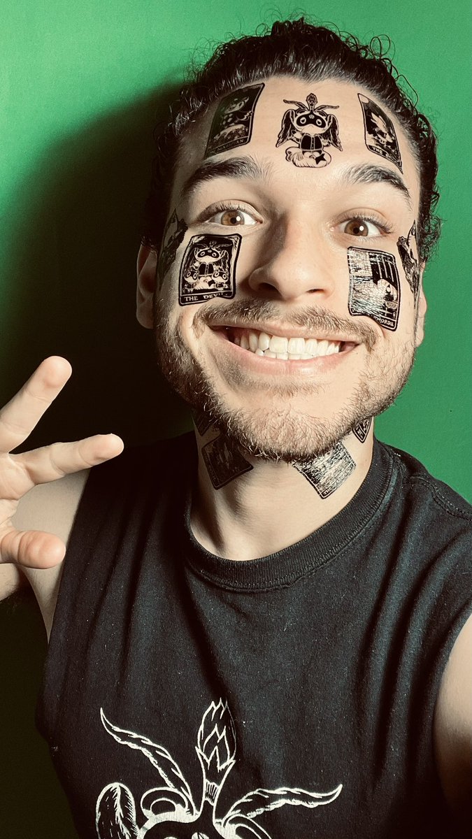 MrMisprints's tweet photo. I had these banked for the day I came out with A.C. Tarot temporary tattoos, but sadly it doesn’t seem like those will ever be a thing. So instead, here’s some cringy photos of me with shit on my face 😂

#AnimalCrossing #ACNHDesigns #tattoo #SmallBusiness #gaymer #gay #tarot https://t.co/983wpDBBRO