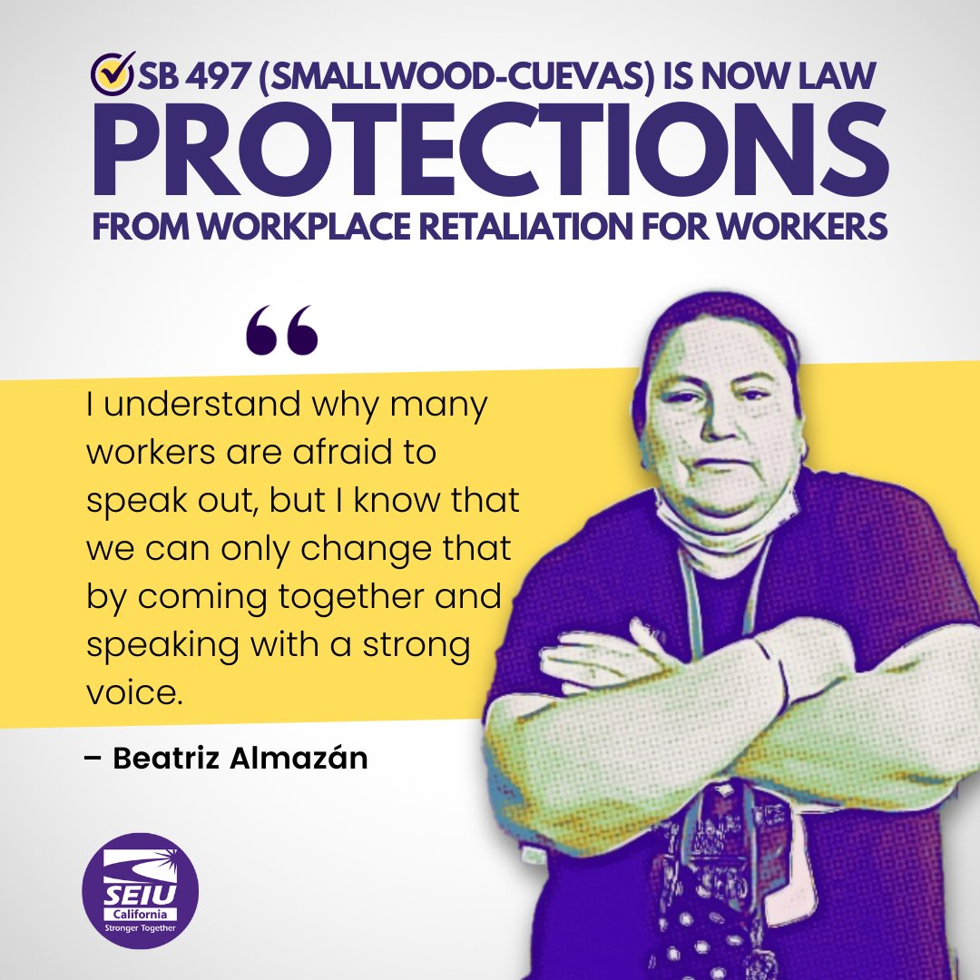 With #SB497 (Smallwood-Cuevas) now signed into law by @GavinNewsom, workers will be empowered to report workplace violations without fear of retaliation. Workers are routinely harassed, bullied, or fired for reporting unequal pay, health and safety violations, or wage theft.