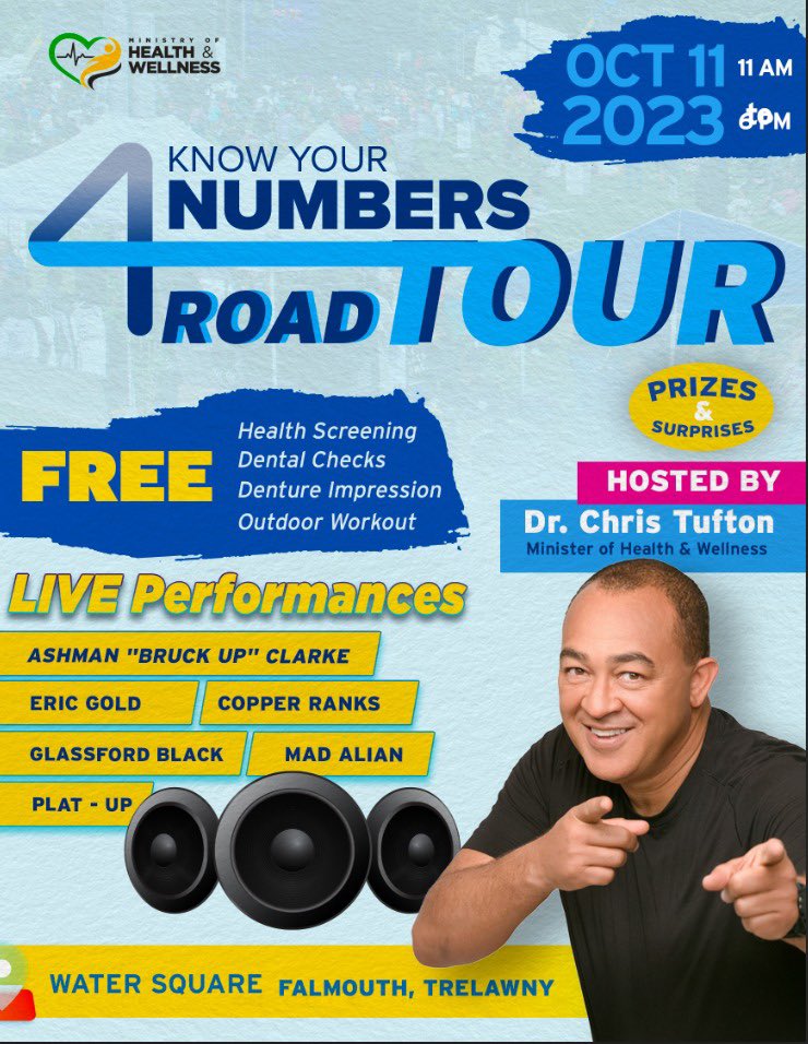 MovesJamaica's tweet photo. Join us on the KNOW YOUR NUMBERS ROAD TOUR for:

✅Complimentary Health Screening
✅Dental Checkups
✅Denture Impressions
✅Outdoor Workouts

📆Oct 11, 2023
🕛 11 AM - 6 PM
📍Water Square, Falmouth, Trelawny https://t.co/ii0gLSBAyG
