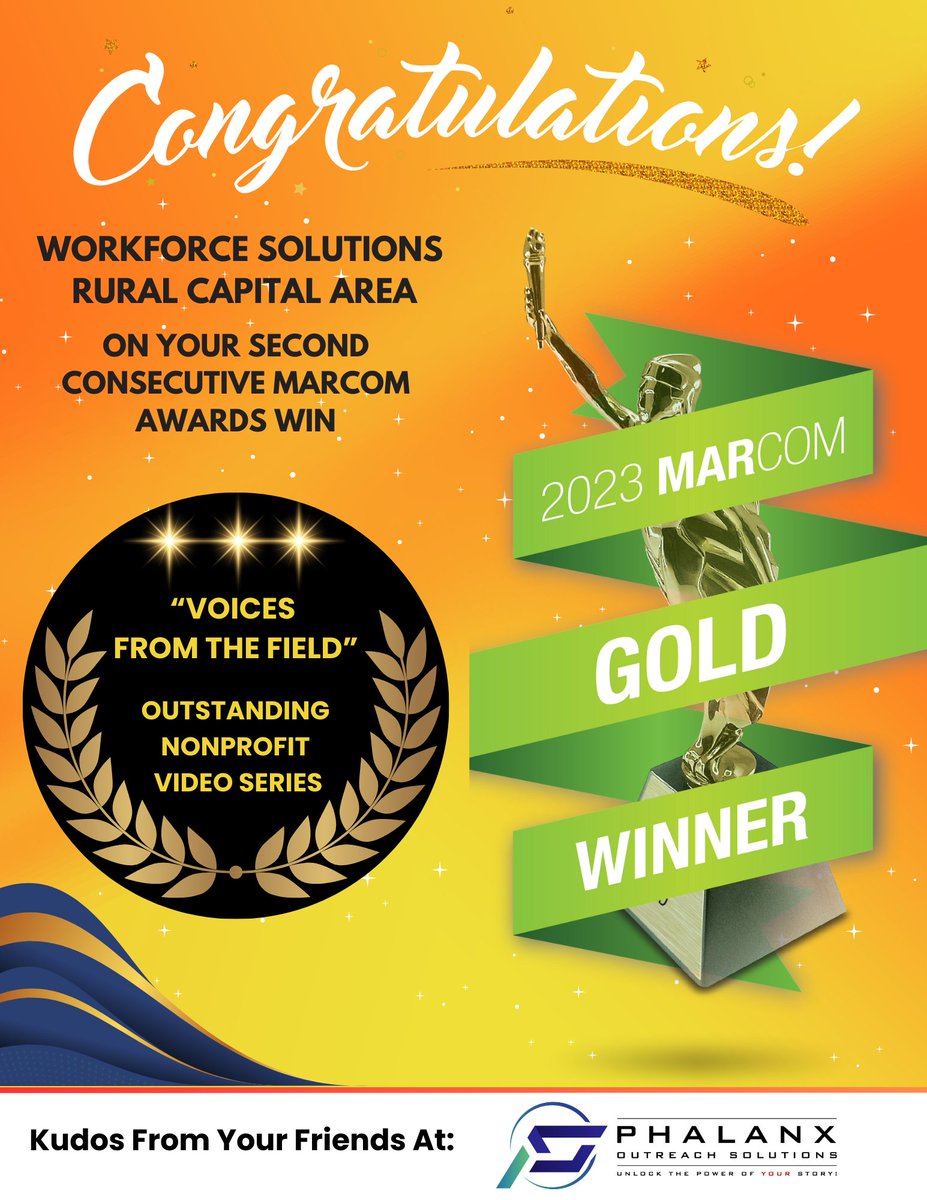 phalanxoutreach's tweet photo. Congrats to our friends @WFSRuralCapJobs  on being recognized by the @MarCom_Awards for a 2nd straight year:
🏆 Gold Award - Outstanding Nonprofit Video Series - "Voices From The Field." 

We're proud that our team could contribute to your continued success.

Enjoy the win! https://t.co/xW38gfEAhe