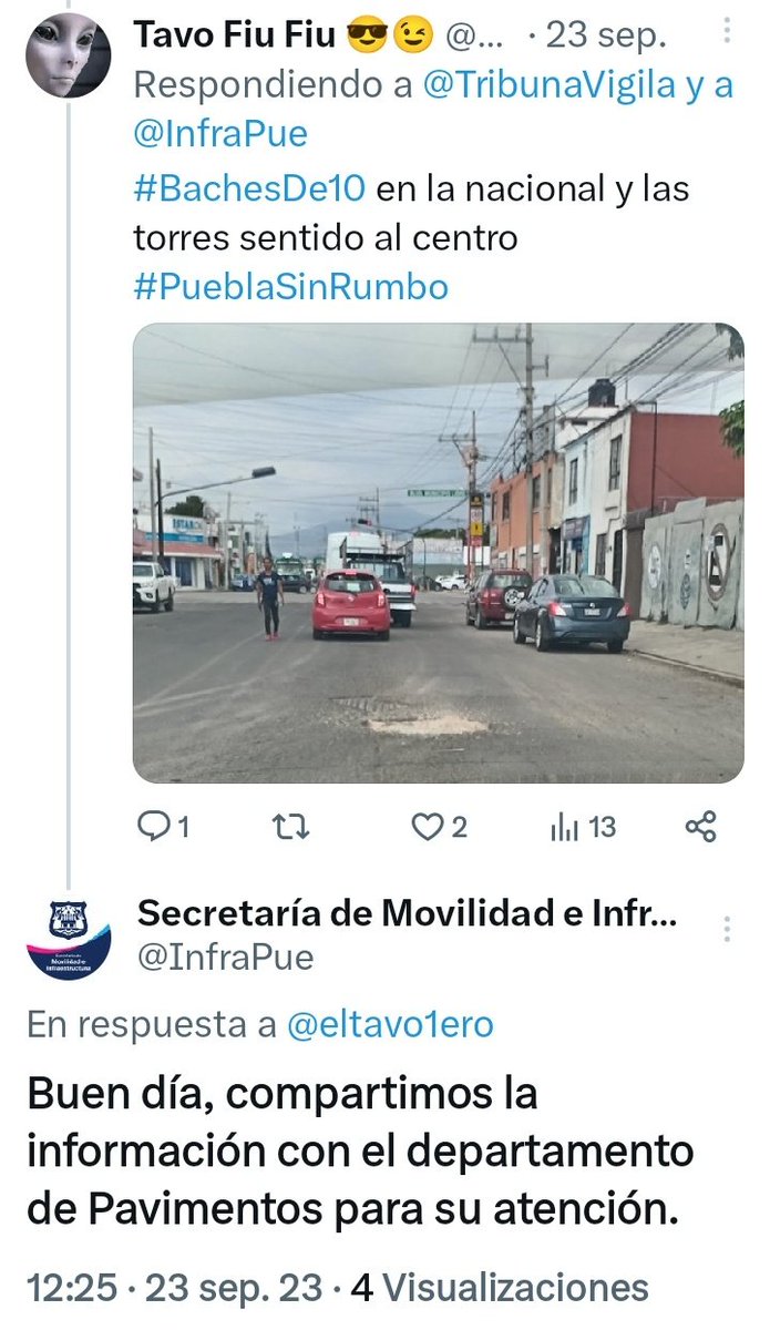 eltavo1ero's tweet photo. @InfraPue @pepemendozapue @PueblaAyto Les encargo que le recuerden a los de pavimentos que ya hay más baches en la nacional, desde el 23 de Septiembre "pasaron el reporte para su atención" y es fecha que no atienden, @eduardorivera01 tus #BachesDe10 tienen a #PueblaSinRumbo 🙄😒🤡🤡 https://t.co/fOz1qU0xbL