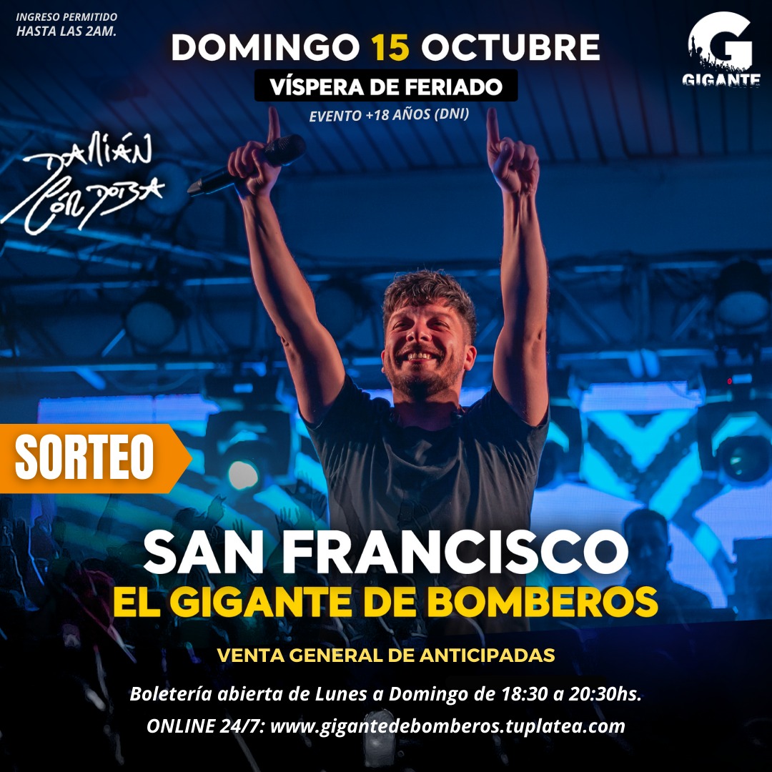 SantiagoPeretti's tweet photo. SORTEO PARA EL BAILE DE DAMIÁN CÓRDOBA ❤️‍🔥

👉🏻 El cuartetero se presentará este domingo en el Gigante de Bomberos (San Francisco)

🎟️ Podés participar del sorteo y ganar una entrada!

Cómo participar?

☑️ 1- Seguir mi cuenta 
☑️ 2- Dale RT

¡HAY DOS ENTRADAS EN JUEGO! https://t.co/op9gkFOgBt