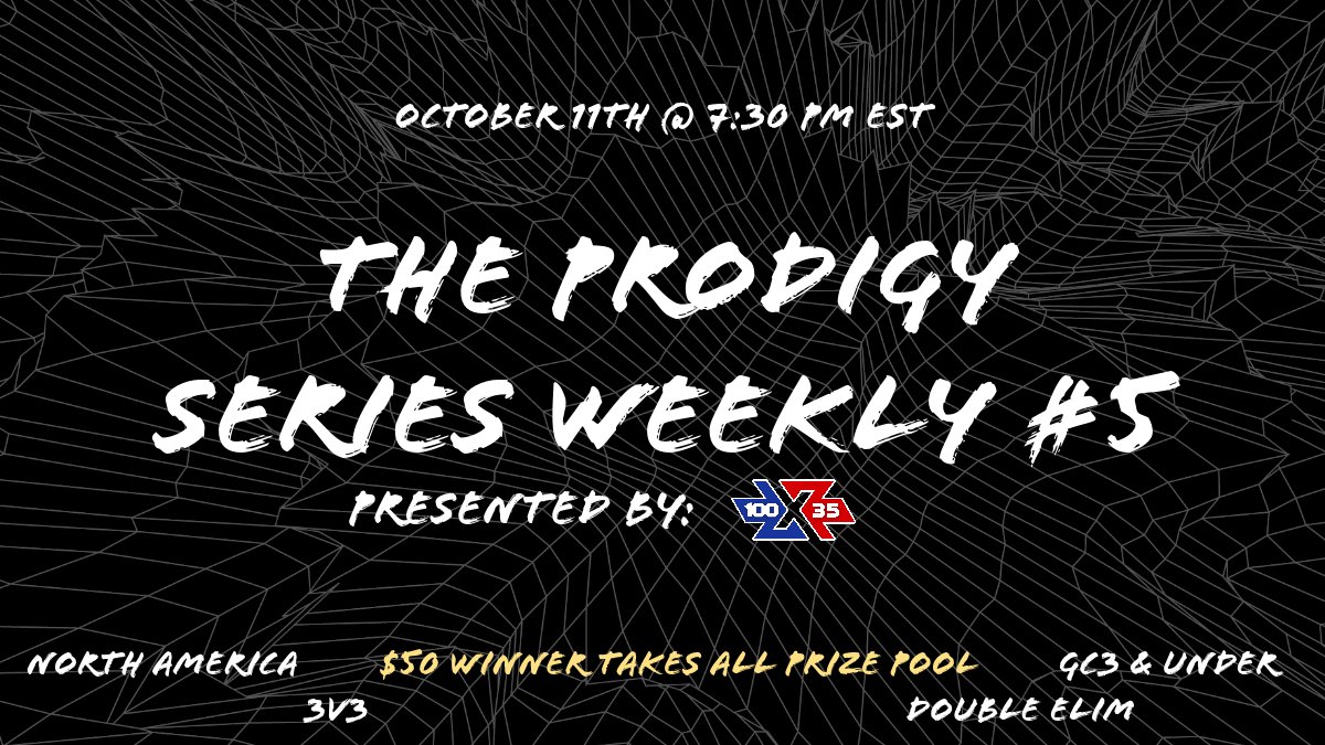 ProdigySeriesRL's tweet photo. Signups for Weekly #5 sponsored by @100X35Esports  are live!

All the usual info except we have a $50 WINNER TAKES ALL PRIZE POOL!

Signup in our discord - https://t.co/JC0j6YUrUY https://t.co/eu0GMygiWN