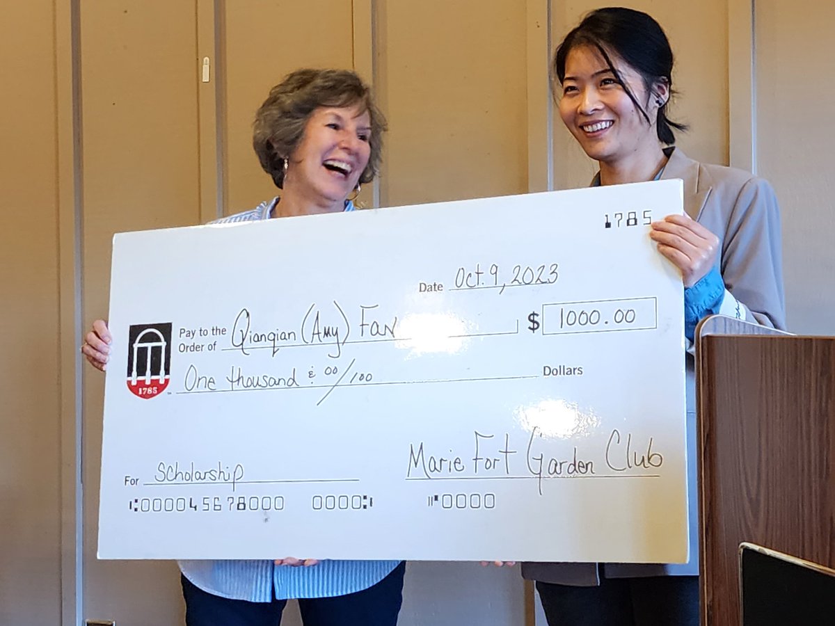 Jeffrey Dean (@jeffdean_uga) on Twitter photo Congratulations to <a href="/UGAGriffin/">UGA Griffin Campus</a> PhD student, QianQian (Amy) Fan, who received the 2023 Marie Fort Garden Club scholarship this evening. Congratulations to <a href="/UGAGriffin/">UGA Griffin Campus</a> PhD student, QianQian (Amy) Fan, who received the 2023 Marie Fort Garden Club scholarship this evening.