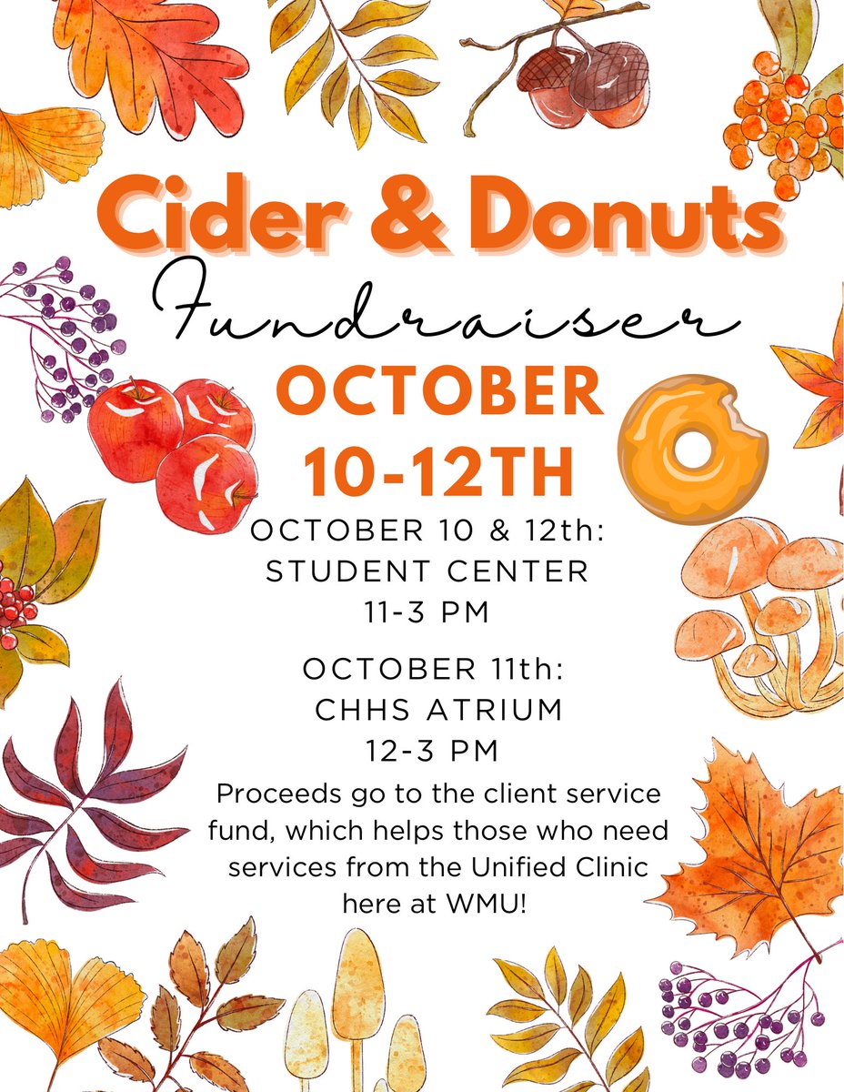 NSSLHAatWMU's tweet image. Have some yummy donuts and cider while also giving back to your community! Come join us as we raise funds for those who need services at Unified Clinics.🍩🍎