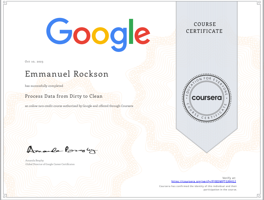 EmmanuelRocks20's tweet image. Stage 4 of Google Data Analytics course completed. I am proud of the skills I have gained so far, such as; cleaning data (using SQL and Spreadsheets), some SQL functions like DISTINCT, SUBSTR, CONCAT and CAST. 
#DataAnalytics 
#DataFestAfrica2023 
#GoogleDataAnalytics