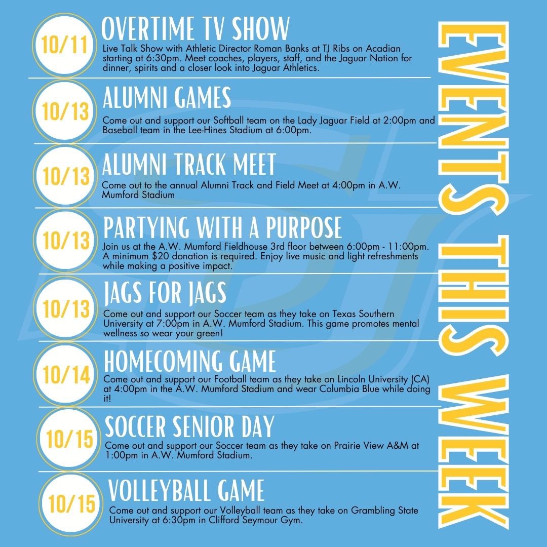 southernu_wso's tweet photo. A PACKED WEEK……. HAPPY HOMECOMING
GOJAGS🎉
#elevatethestandard
#gojags
#soccer
#homecomingweek https://t.co/K37qk0DOGo