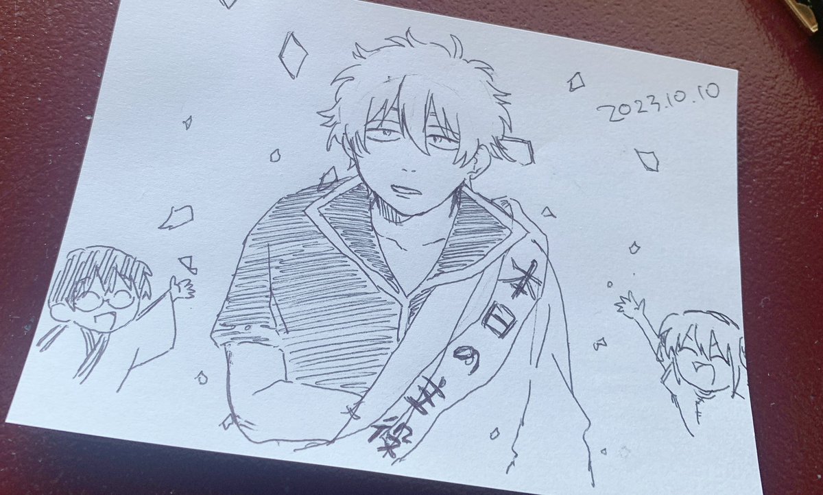 銀ちゃん誕生日の絵も描いたったよ!ホテルのボールペン1本しかないから色々直せなくてひどいけど😂