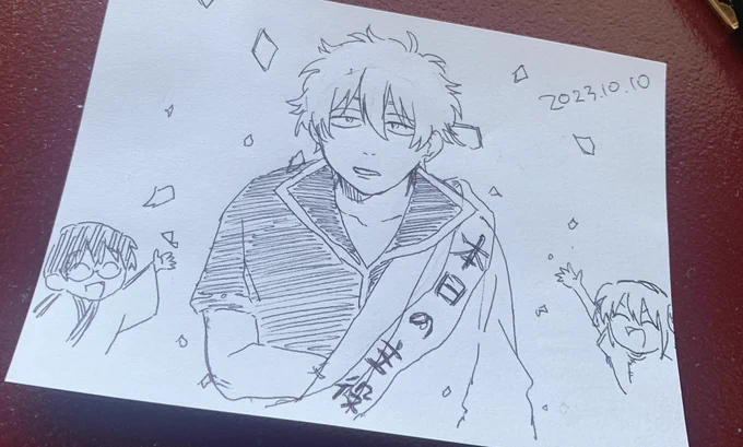銀ちゃん誕生日の絵も描いたったよ!ホテルのボールペン1本しかないから色々直せなくてひどいけど😂