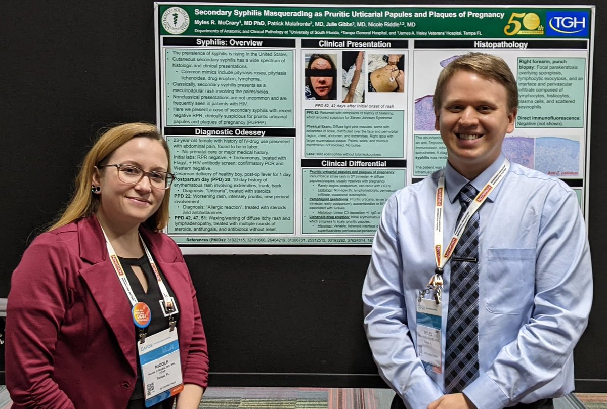 MMcCraryMD's tweet photo. #CAP23 @Pathologists-What a whirlwind! Some highlights: fascinating syphilis poster w/
@NRiddleMD, awesome melanoma GEP talk from @Dr_Jukic, and words of wisdom from @drsanjaygupta https://t.co/6QLXcd7jhc