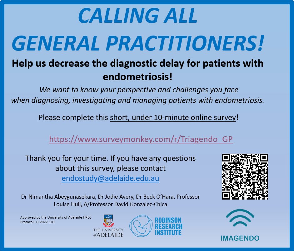 We would like to invite you to participate in a survey to investigate understanding of barriers for GPs  to diagnosis of endometriosis
surveymonkey.com/r/Triagendo_GP
This survey is part of  Masters Project for Dr Nim Abeygunasekara.