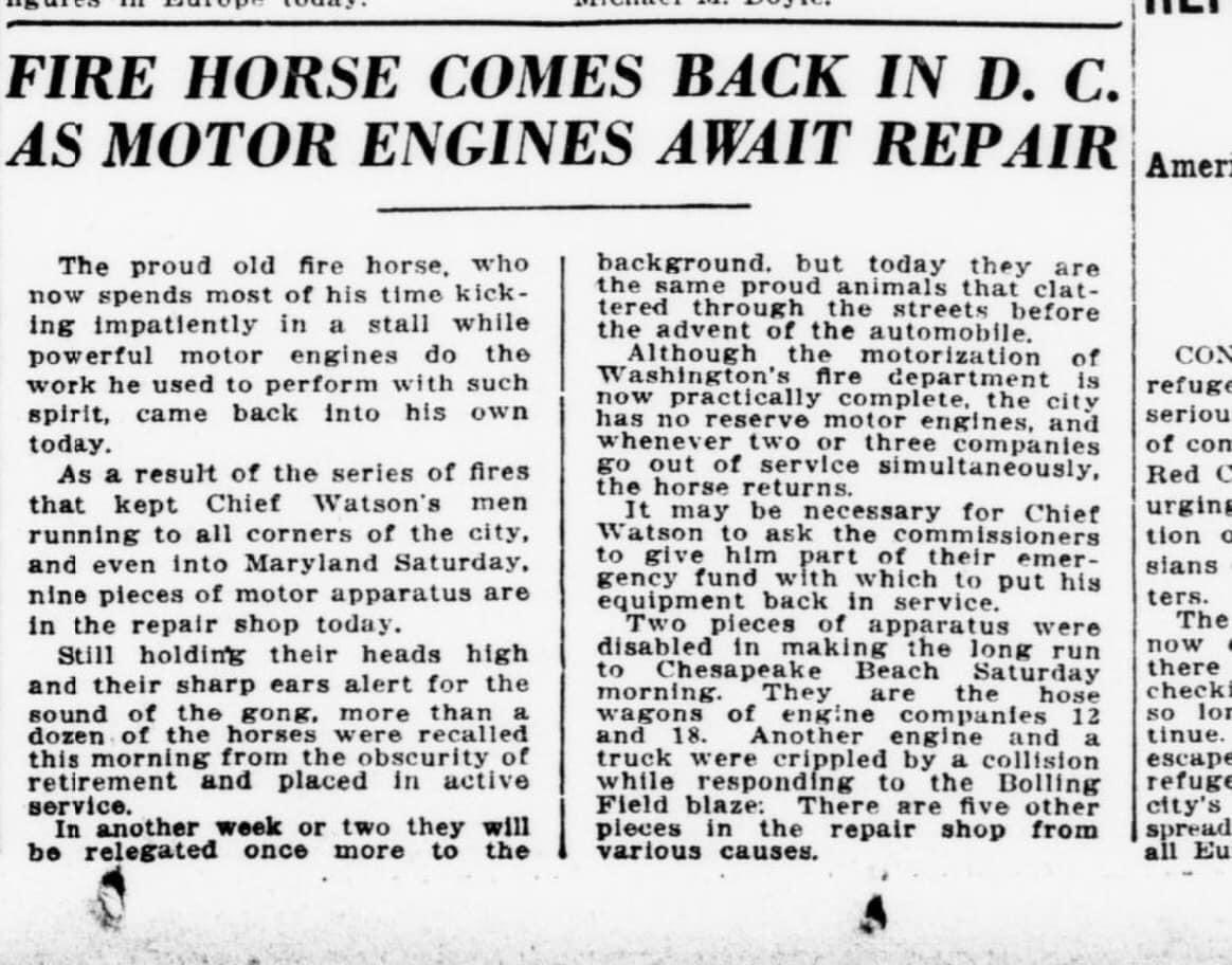 DCFDKelleher's tweet photo. During the transition from horse drawn fire apparatus to a motorized fleet, the #DCFD relied on the horses as a reserve when motorized rigs were out for repairs. Imagine the difference in operation during those times. @dcfireems #DCFDHistory https://t.co/5o08wL0KQn