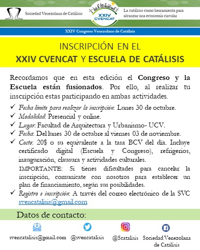Ya estamos en cuenta regresiva para celebrar nuestro XXIV Congreso Venezolano de Catálisis ⏳ 
Recuerda formalizar tu inscripción. 
Con 1 inscripción participas en las 2 actividades: Congreso y Escuela. 
¡Te esperamos!
