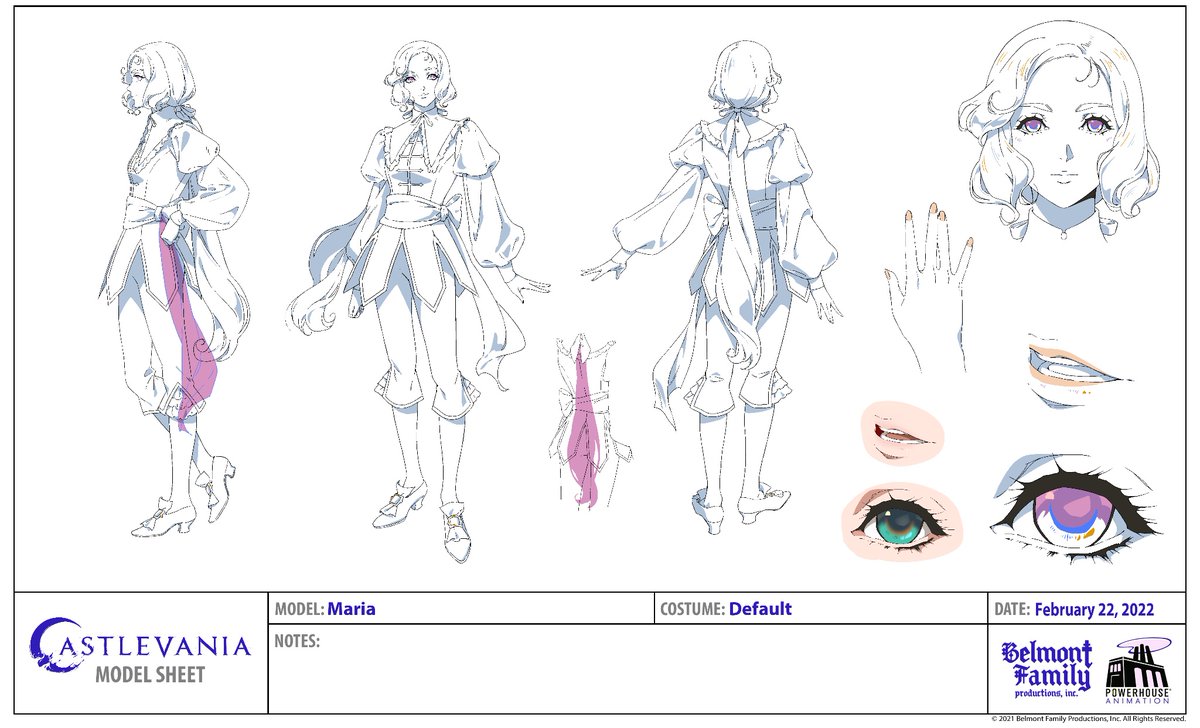 Maria's design model sheets for #powerhouseanim #CastlevaniaNocturne !!  Obviously big props to her Dracula X design which is so so so cute to me i love pink
