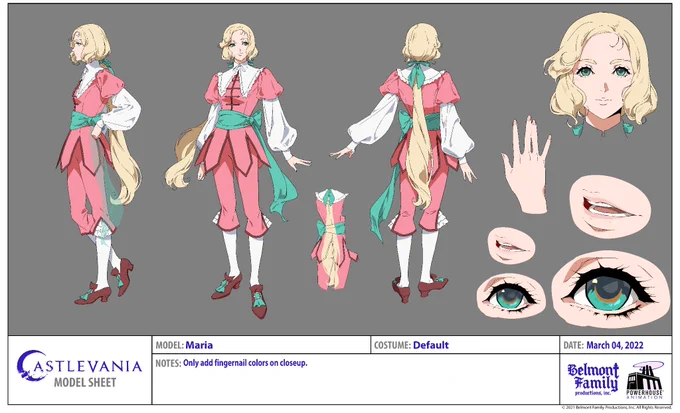 Maria's design model sheets for #powerhouseanim #CastlevaniaNocturne !!  Obviously big props to her Dracula X design which is so so so cute to me i love pink