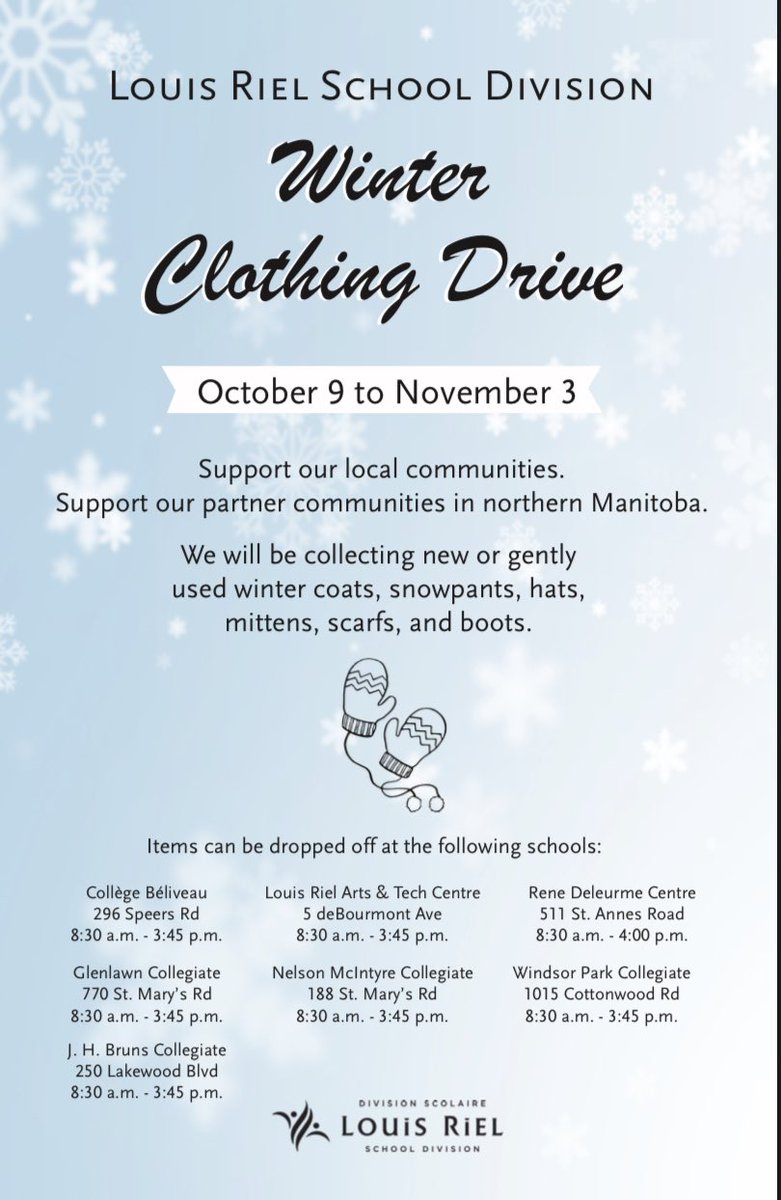 Collège Béliveau (@cblrsd) on Twitter photo We are looking for winter clothing to support our community and partner communities in northern Manitoba. Items can be brought to the office. Merci! <a href="/louis_riel_sd/">Louis Riel School Division</a> We are looking for winter clothing to support our community and partner communities in northern Manitoba. Items can be brought to the office. Merci! <a href="/louis_riel_sd/">Louis Riel School Division</a>