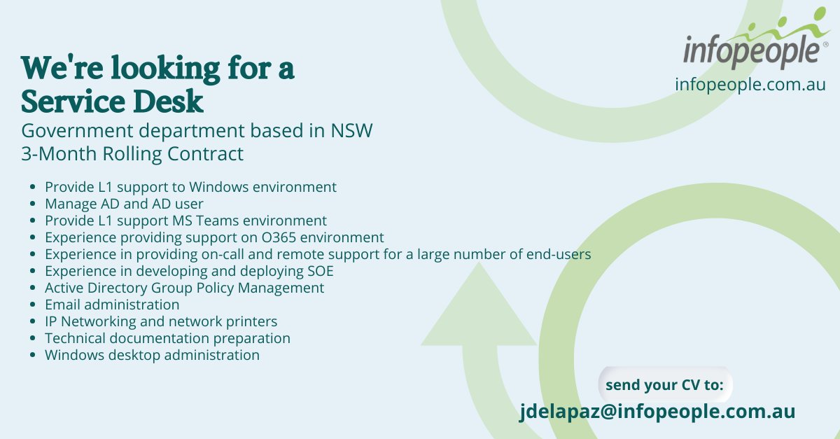 Infopeopleau's tweet photo. Infopeople is #hiringnow!

If you’re looking for a new role, get in touch with Karen Joyce Dela Paz at 0482 095 793/ jdelapaz@infopeople.com.au OR visit our website at https://t.co/zd4IkkWk9t.

#hiring2023 #servicedesk #L1Support #windowsenvironment #adusermanagement #sydneyjobs https://t.co/274nLUtyVt