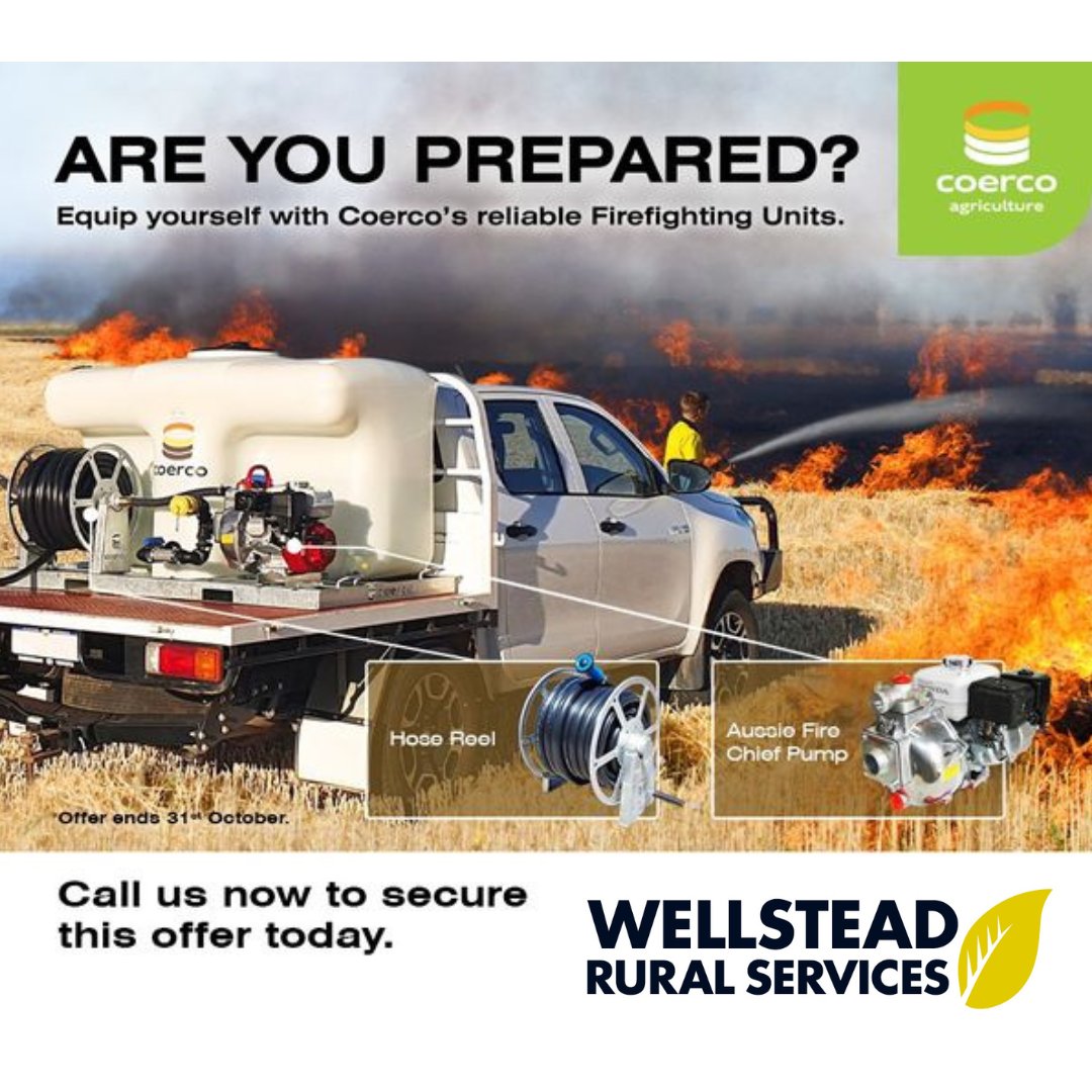 Wellstead_Rural's tweet photo. 🔥🌾 Are you fire season and harvest ready? 🌾🔥

Don't wait until it's too late! Get in touch with our Rural staff today and order your Coerco Fire Fighter unit. 🚜💦

#FireSafety #RuralLiving #HarvestSeason #FarmLife #StayPrepared 🌾💦🔥 https://t.co/72qxPPB87c