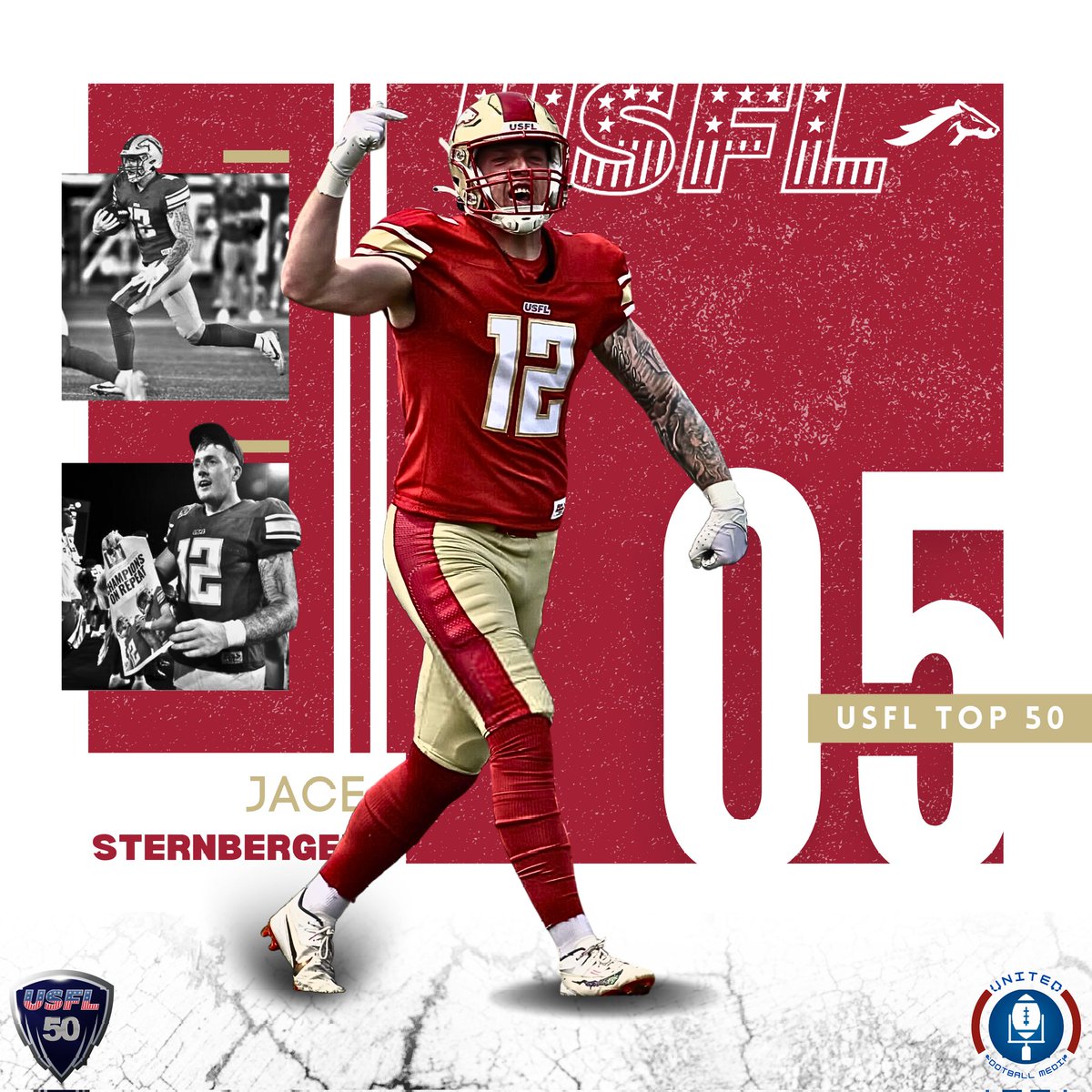 AceUFM's tweet photo. At #5 in the #USFL50 and by far the top TE on the list is the Aggie favorite @_Jstern! An absolutely dominant receiver this season with 7TDs, 33 receptions, and 517 yards, he earned his spot with ease! A gentleman and a pretty good trash talker on Twitter, congratulations Jace! #GiddyUp #USFL #Stallions #NSFL #NFT