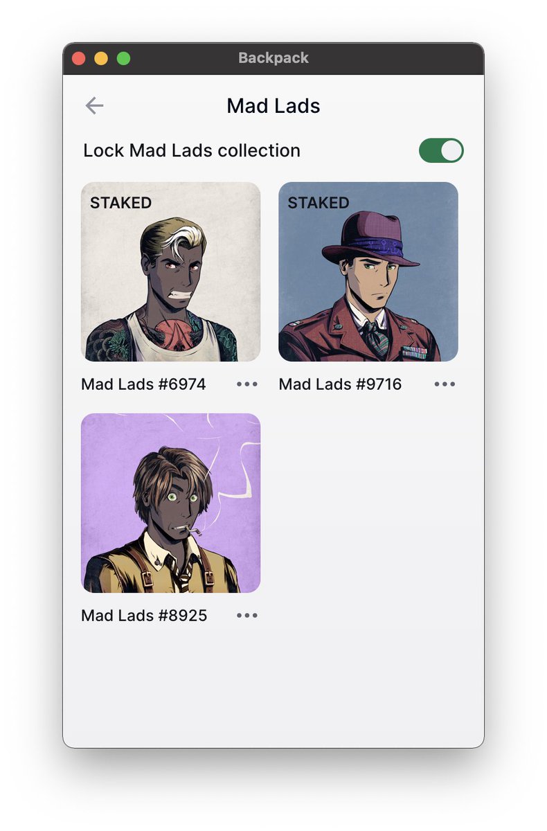With this new feature, I can confidently say @xNFT_Backpack is the safest place to hold your @MadLadsNFT.

Introducing NFT collection locking.

Quite literally, Only Possible On <a href="/solana/">Solana</a>.