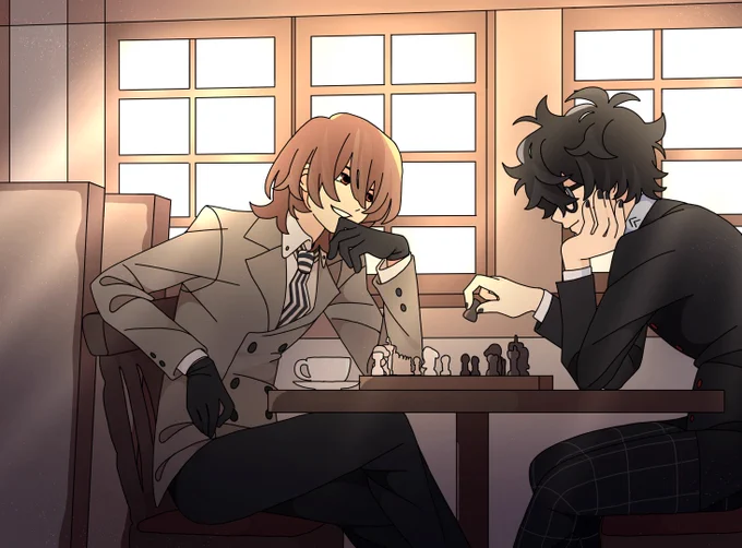 akechi enjoying a game of chess. as he enjoys his healthy rivalry, there is no trace of darkness in his expression.