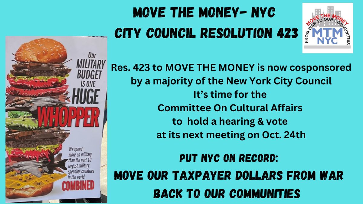 MoveTheMoneyNYC's tweet photo. Majority of @NYCCouncil has endorsed @MoveTheMoneyNYC  Reso 423. Time for the Comm. On Cultural Affairs to hold a hearing &amp; vote at 10/24 mtg. @NYCSpeakerAdams @CMChiOsse  
@EricDinowitzNYC @CMAmandaFarias @CMShahanaHanif @CMCrystalHudson @CMRitaJoseph @CMSandraUng @CMFarahLouis https://t.co/B5OuuuDuX1