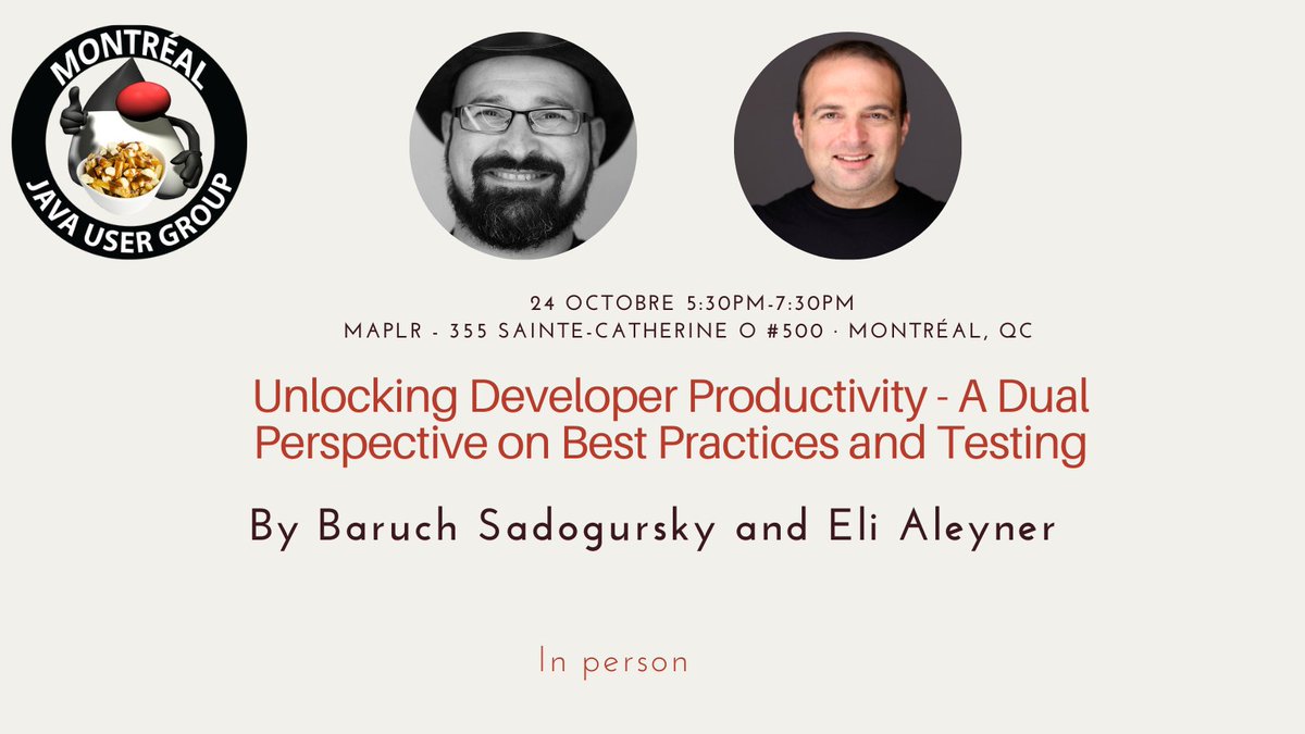 🚀 Exciting News! Mark your calendars for🗓️October 24th at <a href="/Maplrco/">Maplr</a>! Join us for #MontrealJUG with the dynamic duo, <a href="/ealeyner/">Eli Aleyner</a> and <a href="/jbaruch/">JBaruch 🎩</a> as they dive into "Unlocking Developer Productivity - A Dual Perspective on Best Practices and Testing."🤓👩‍💻👨‍💻👉: [meetup.com/montreal-jug/e…]
