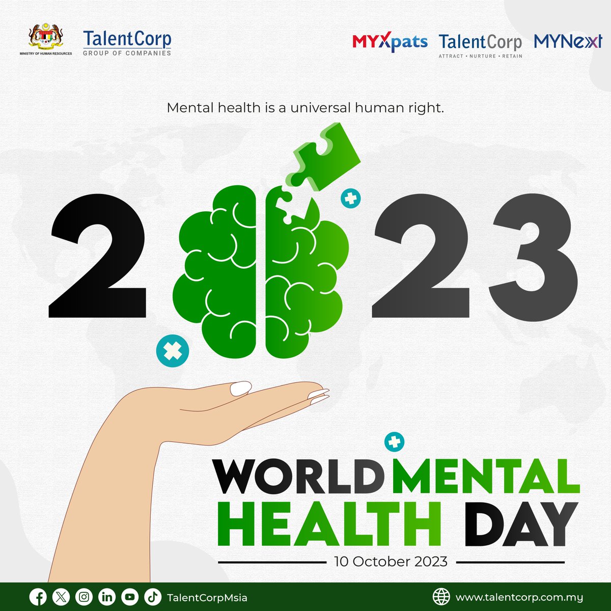 TalentCorpMsia's tweet photo. 🌍Mental health is a universal human right.

Today, we join hands to raise awareness and show support for mental health around the globe. 💪💚

Reach out for help, share your feelings, and lend a compassionate ear to those in need. 

Let's strive for a future where mental health is nurtured, understood, and given the attention it truly deserves.🌻💙

Happy #WorldMentalHealthDay2023 from all of us at TalentCorp Group of Companies!
#MentalHealthMatters
#MentalWellbeing