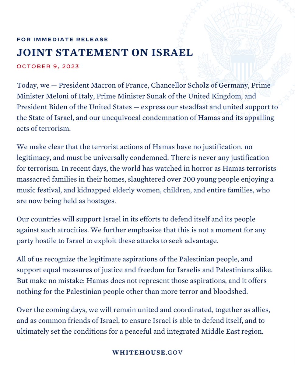 The United States, France, Germany, Italy, and the United Kingdom will remain united and coordinated – together as allies and as common friends to Israel – to ensure Israel can defend itself.