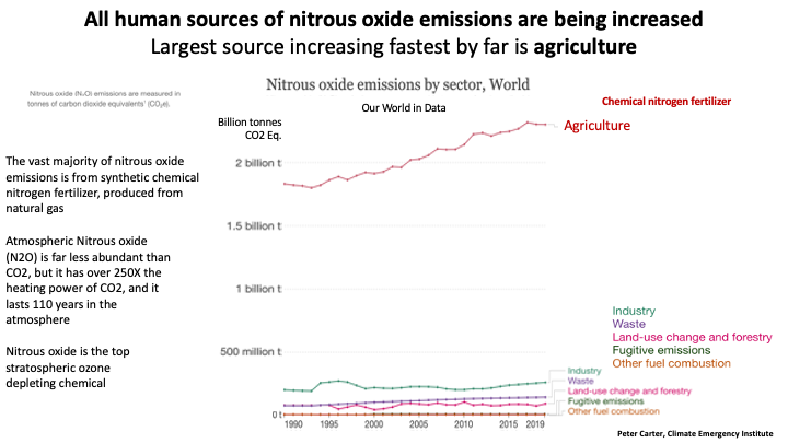 PCarterClimate's tweet image. NITROUS OXIDE GHG: ALL SOURCES BEING INCREASED
All nitrous oxide emissions being increased Largest source increasing fastest Agriculture. Vast majority N2O emissions chemical nitrogen fertilizer.    ourworldindata.org/grapher/nitrou…. #emissions #nitrousoxide #climatechange #globalwarming