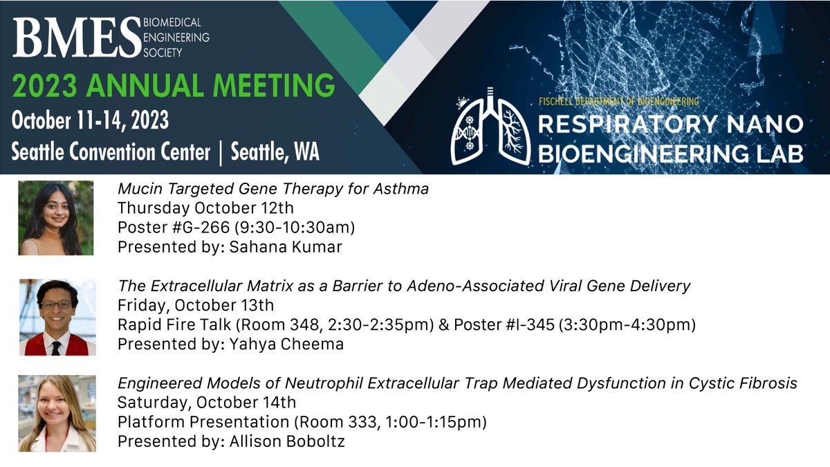 We will have 4 presentations from RnB lab members this week at #BMES2023 sharing our latest research on gene therapy and chronic lung disease. Look forward to seeing you all in Seattle!